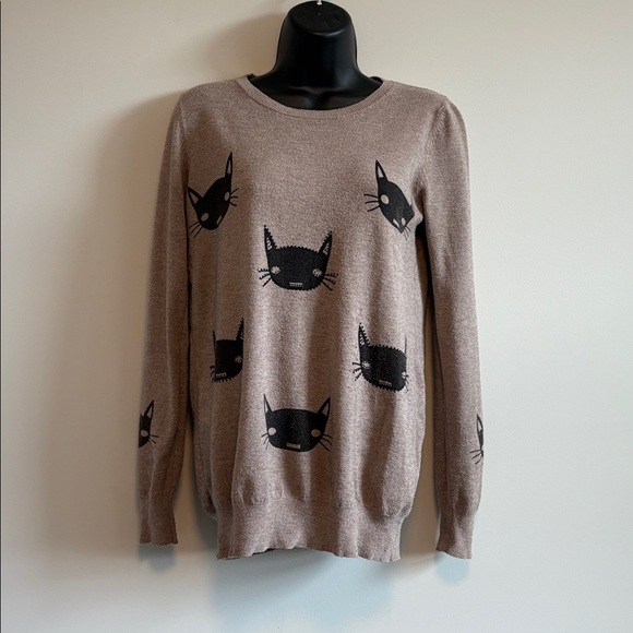 DD Style Cat Print Wool Blend Brown Sweater | Size Small/Medium - Picture 1 of 8